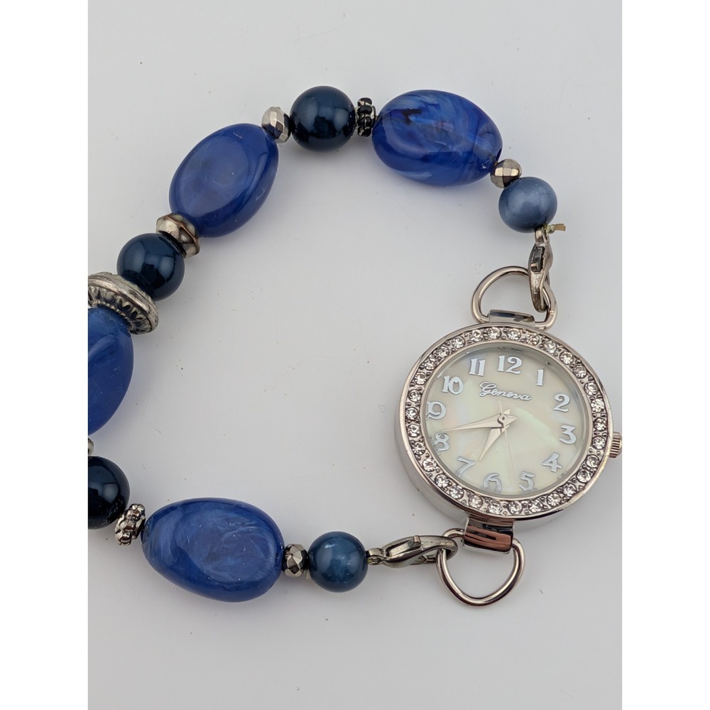 Geneva Watch Women 27mm Silver Case 7.5"‎ Blue Beaded Band- New Battery